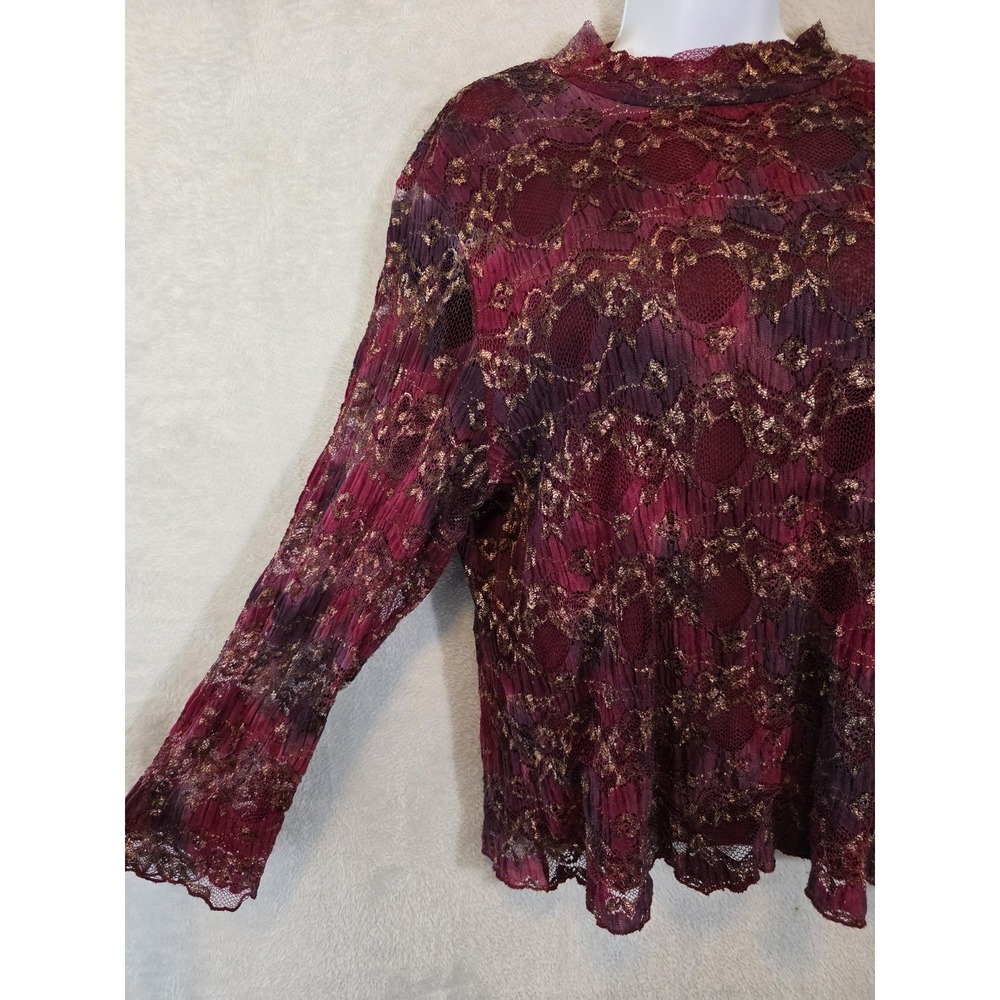 GUC Coldwater Creek Blouse Womens XL Berry Net Lace Mock Neck Metallic Feminine
